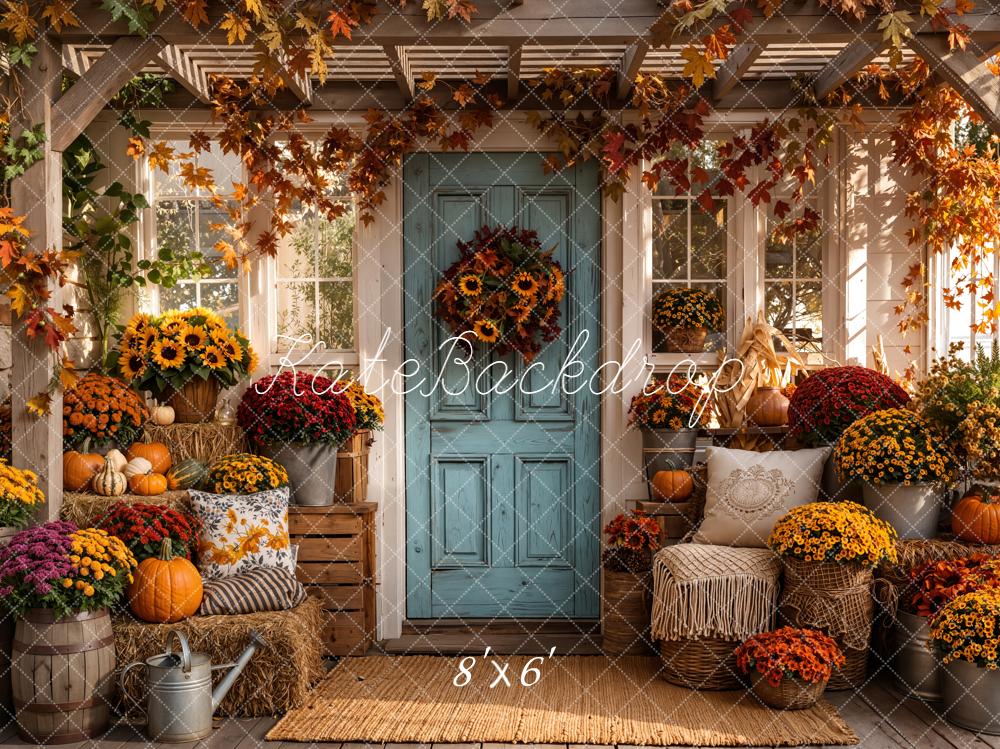 Kate Fall Porch Pumpkins Sunflowers Blue Door Printed Backdrop Designed by Emetselch