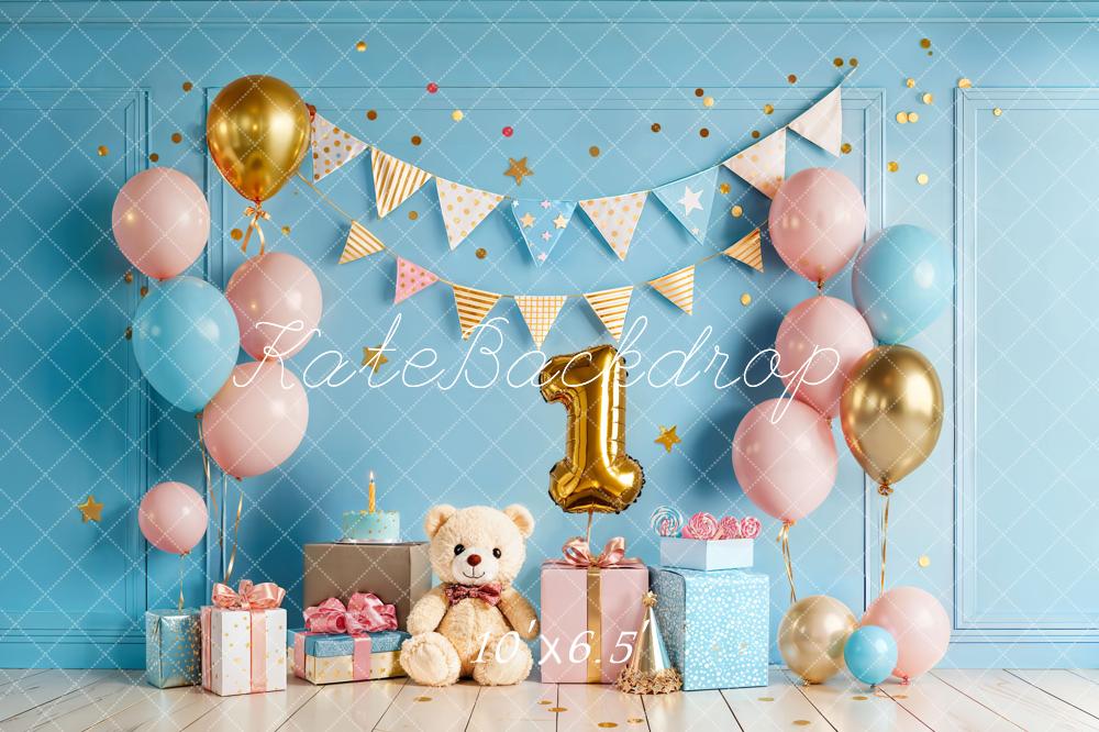 TEST Kate Cake Smash Blue Balloon Bunting Teddy Bear First Birthday Backdrop Designed by Chain Photography