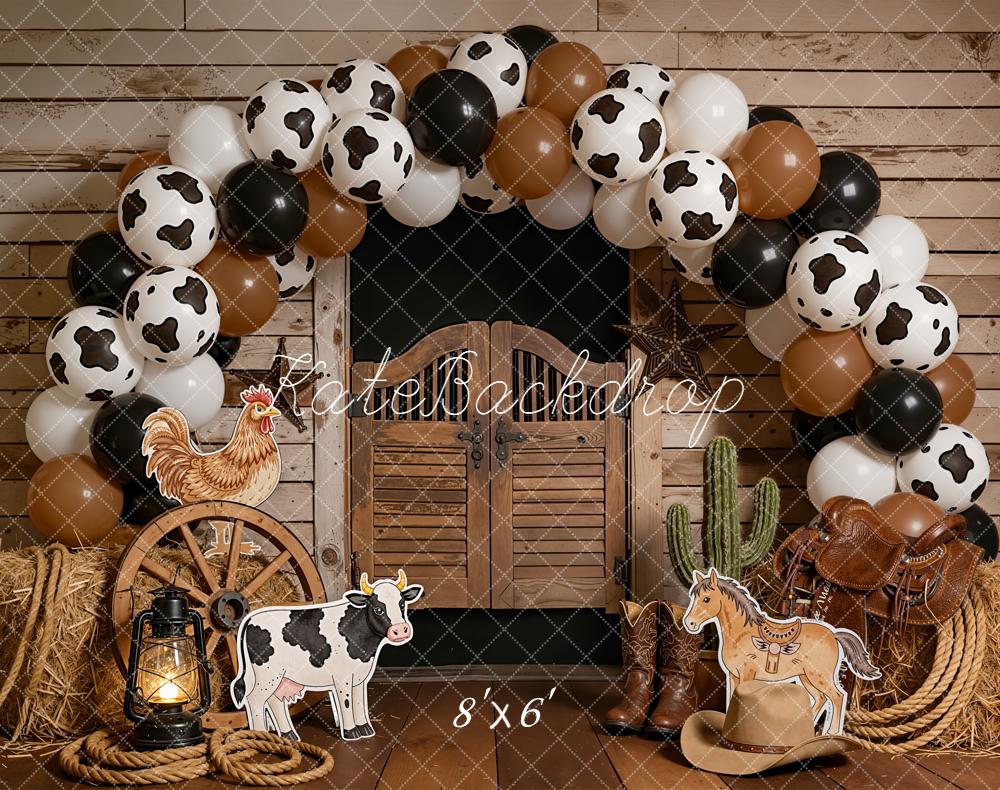 Kate Cake Smash Western Saloon Barn Cow Print Balloon Arch Farm Animals Backdrop Designed by Emetselch