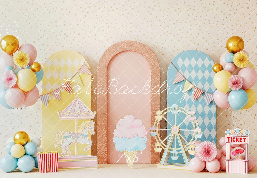 Kate Cake Smash Carnival Carousel Ferris Wheel Balloons Arches Backdrop Designed by Patty Roberts