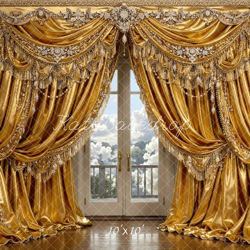 Kate Gold Ornate Curtains French Doors Printed Backdrop Designed by Mini MakeBelieve