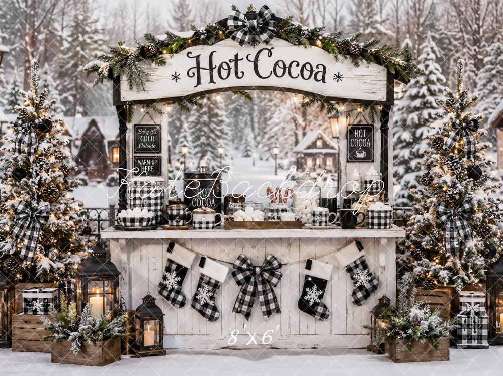 Kate Christmas Black Plaid Hot Cocoa Stand Snowy Forest Printed Backdrop Designed by Ashley Paul