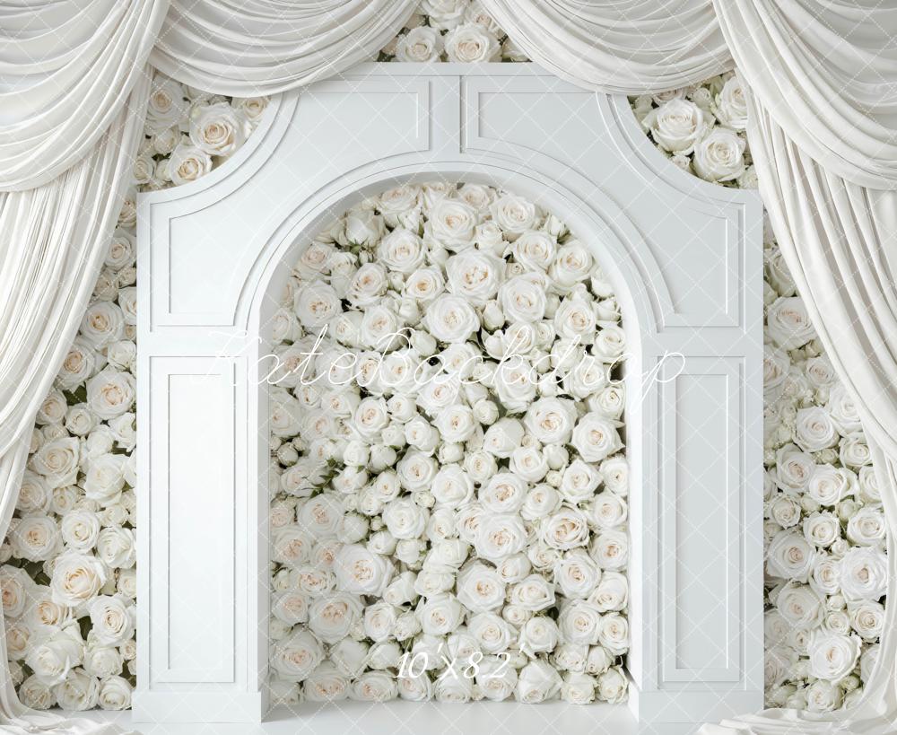 Kate White Flower Arch Draped Curtains Printed Backdrop Designed by Mini MakeBelieve