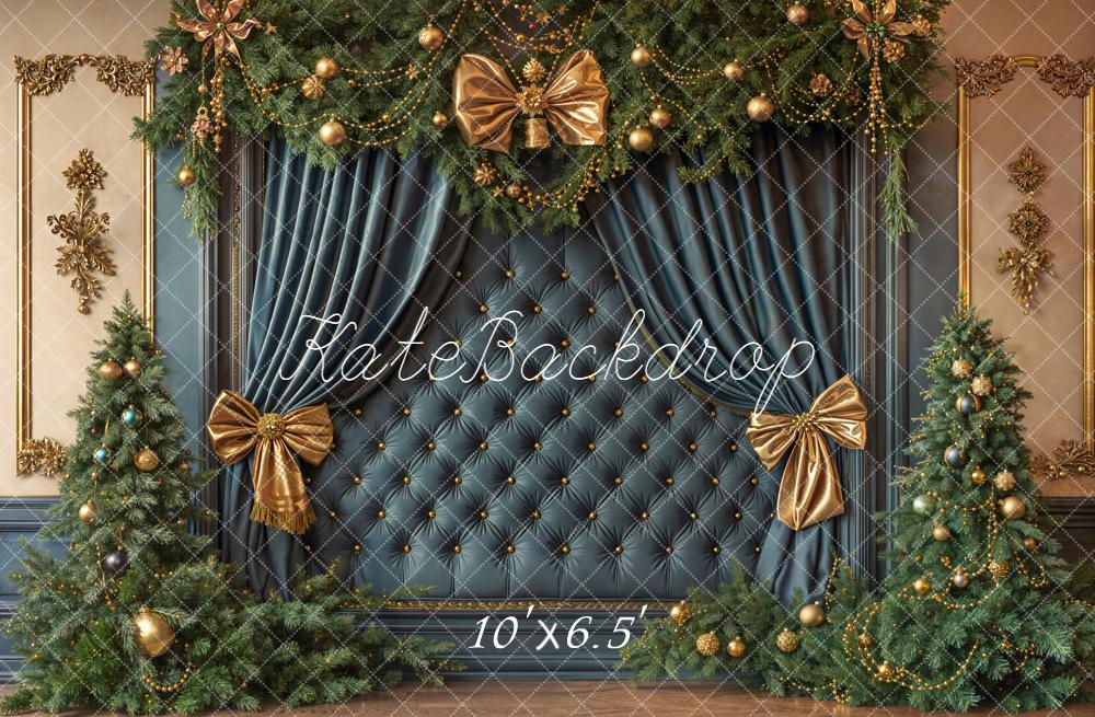 Kate Christmas Headboard Blue Tufted Wall Gold Bows Trees Backdrop Designed by Emetselch