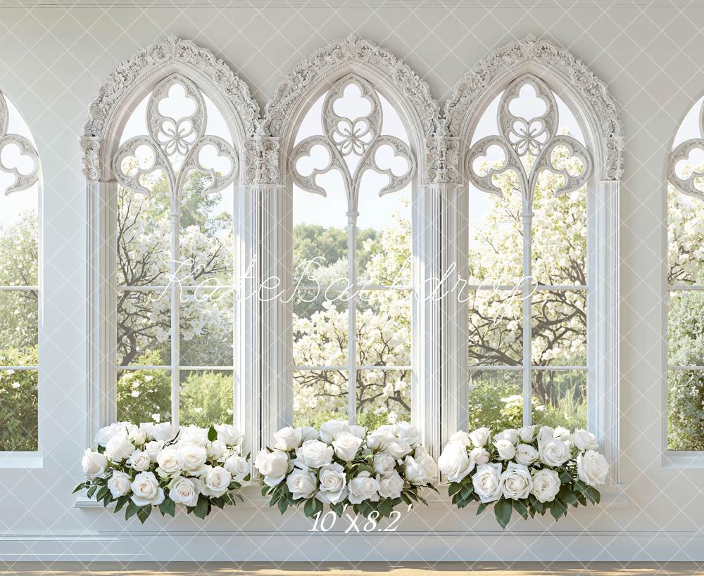 Kate Spring White Roses Gothic Windows Printed Backdrop Designed by Mini MakeBelieve