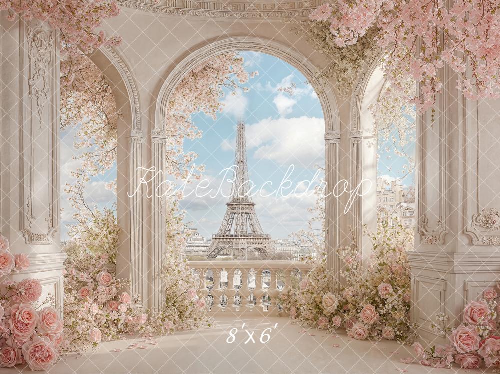 Kate Spring Floral Balcony Eiffel Tower View Backdrop Designed by Chain Photography