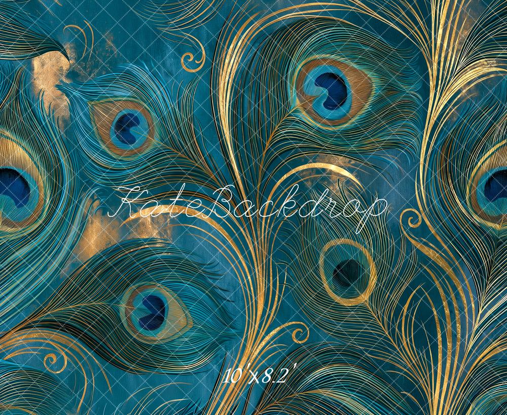 Kate Fine Art Teal Peacock Feather Gold Swirl Pattern Printed Backdrop Designed by Angela Miller