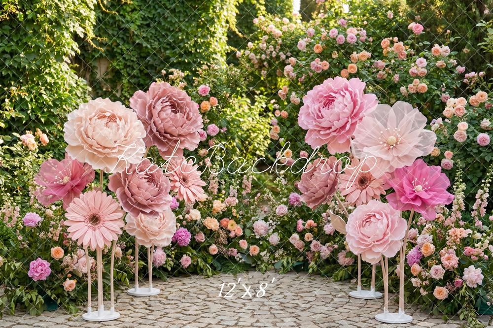Kate Pink Giant Paper Flowers Garden Pathway Printed Backdrop Designed by Patty Roberts