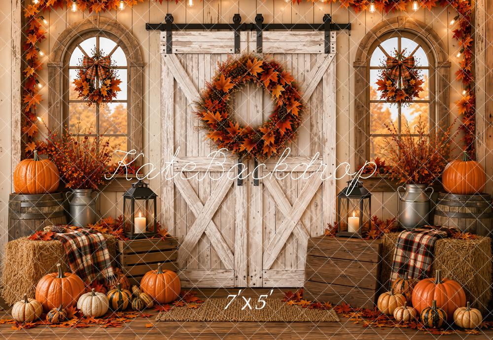Kate Fall Vintage White Barn Door Pumpkins Wreath Plaid Hay Bales Printed Backdrop Designed by Emetselch