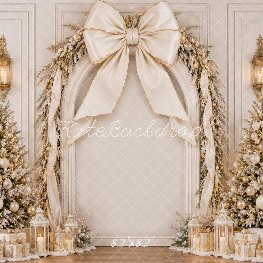 Kate Christmas White Gold Bow Luxury Trees Garland Printed Backdrop Designed by Emetselch