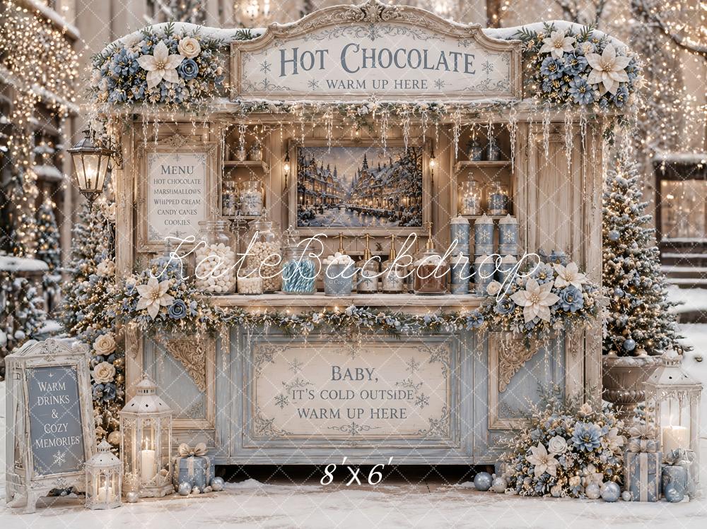 Kate Christmas Hot Chocolate Stand Snowy Floral Stand Blue Printed Backdrop Designed by Ashley Paul