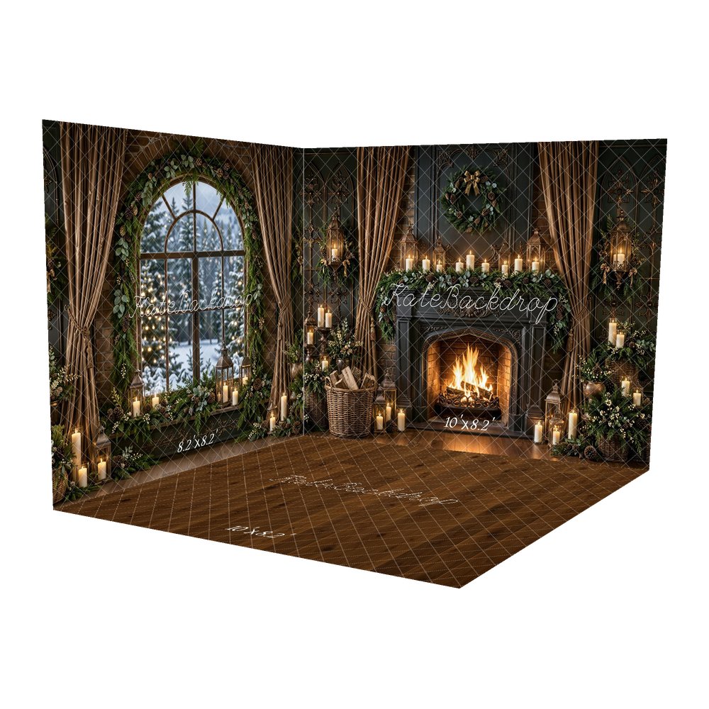 Kate Christmas Vintage Fireplace Wreath Candlelight Window Greenery Printed Backdrop Room Set