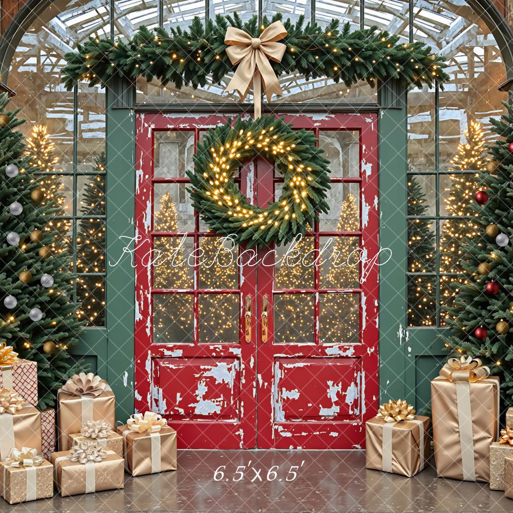 Kate Christmas Red Door Greenhouse Trees Wreath Gold Gift Boxes Backdrop Designed by Mini MakeBelieve