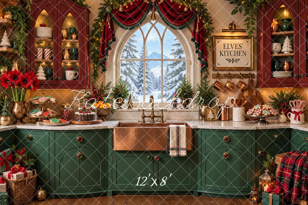 Kate Christmas Kitchen North Pole Elf Arched Window Garland Green Printed Backdrop Designed by Shutter Swan Studios