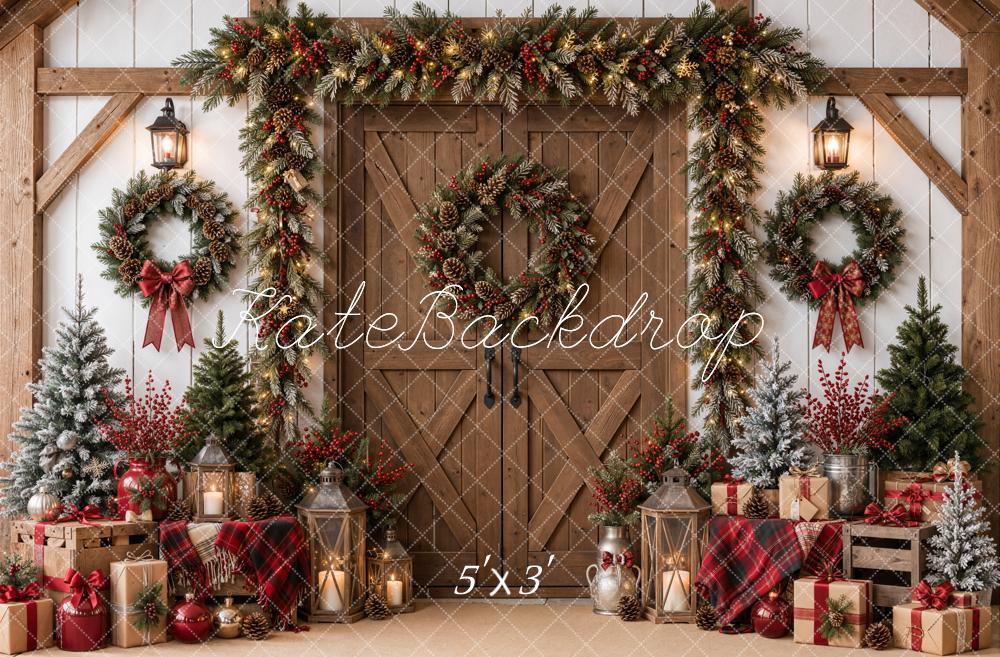 Kate Christmas Rustic Barn Door Garland Wreaths Gifts Printed Backdrop Designed by Emetselch