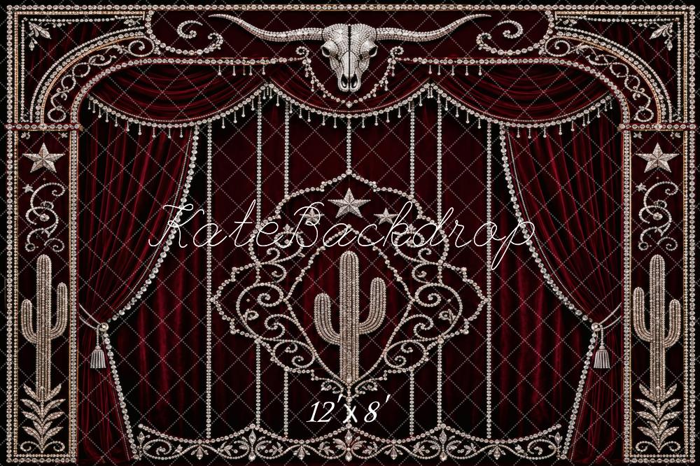 Kate Burgundy Western Rhinestone Red Curtain Printed Backdrop Designed by Vertigo Productions