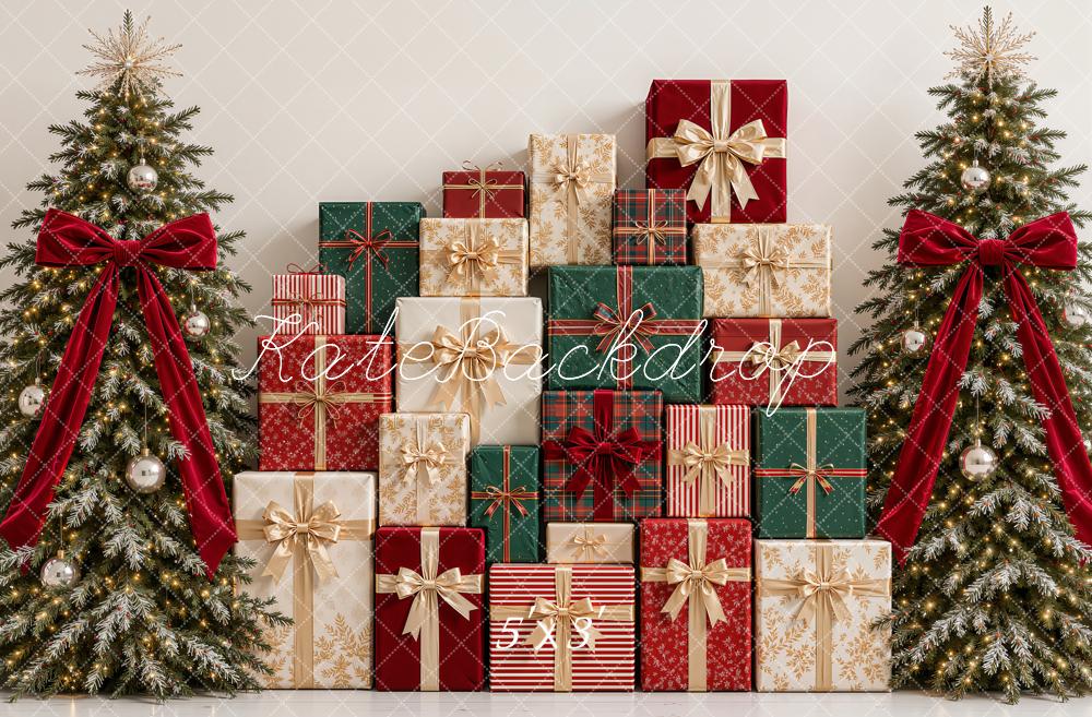 Kate Christmas Tartan Gift Boxes Trees Red Bow Printed Backdrop Designed by Emetselch