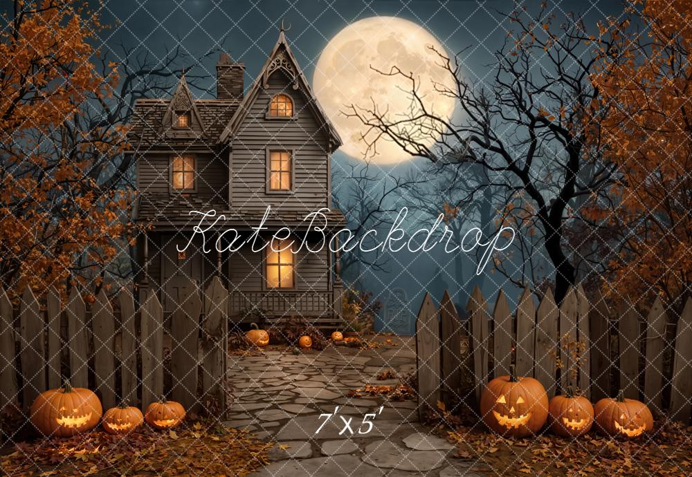 Kate Halloween Night Haunted House Full Moon Pumpkins Backdrop Designed by Emetselch
