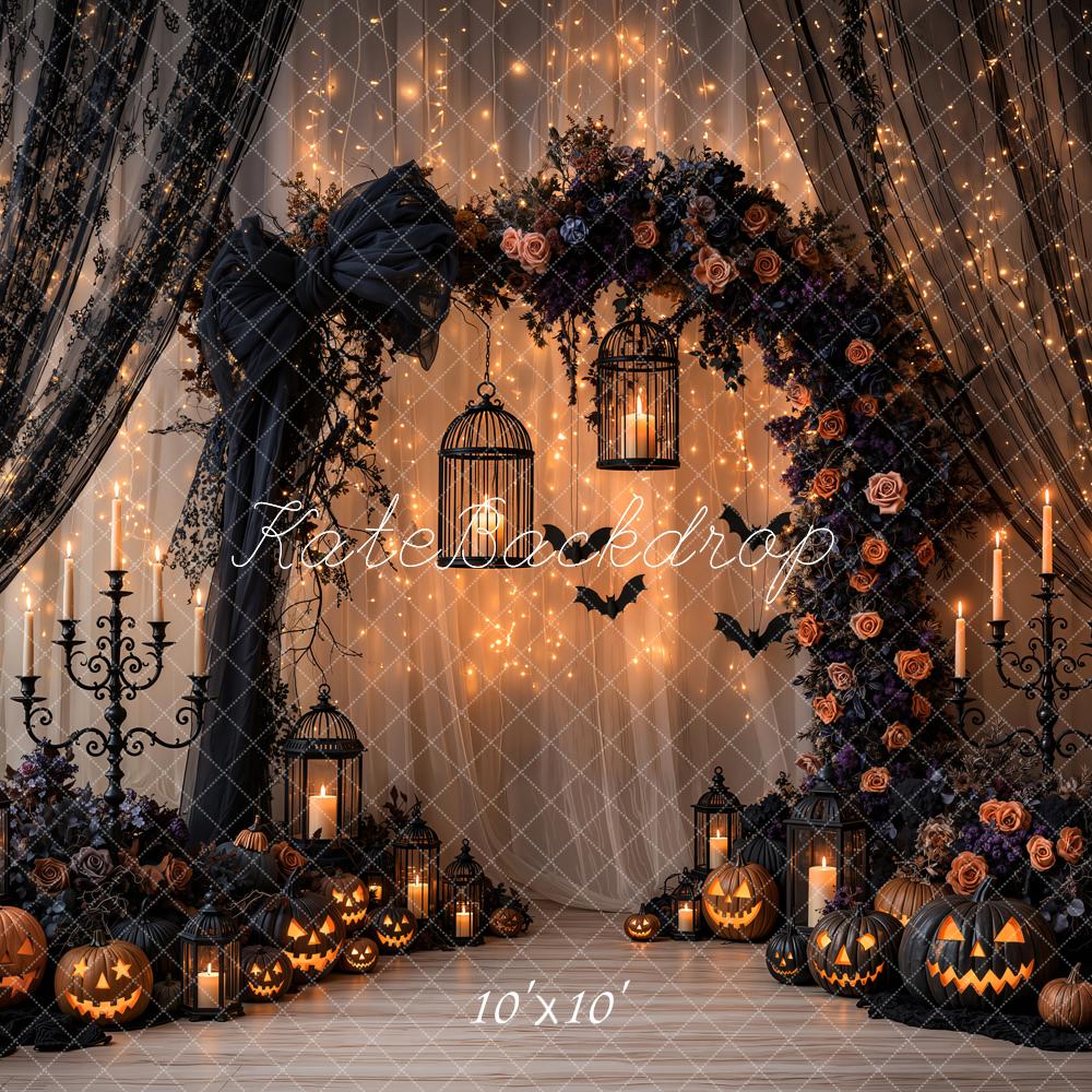 Kate Halloween Gothic Black Lace Curtains Bow Flower Arch Pumpkin Printed Backdrop Designed by Emetselch