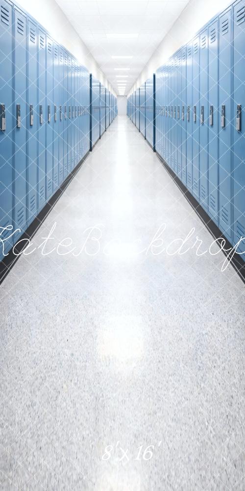 Kate Sweep Back To School Blue Lockers Hallway Perspective Printed Backdrop Designed by Vertigo Productions