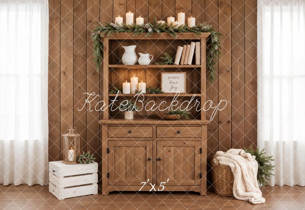 Kate Rustic Wooden Cabinet Candles Garland Crate Basket Printed Backdrop Designed by Emetselch