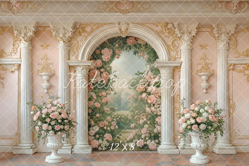 Kate Spring Floral Arch Ornate Columns Pink Roses Backdrop Designed by Emetselch