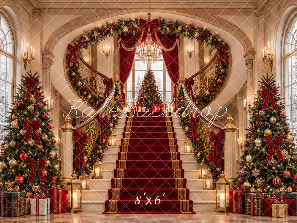 Kate Christmas Cascading Stairs Palace Red Carpet Luxury Trees Printed Backdrop Designed by Emetselch