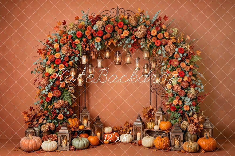 Kate Fall Brown Flower Arch Pumpkins Lanterns Printed Backdrop Designed by Patty Roberts