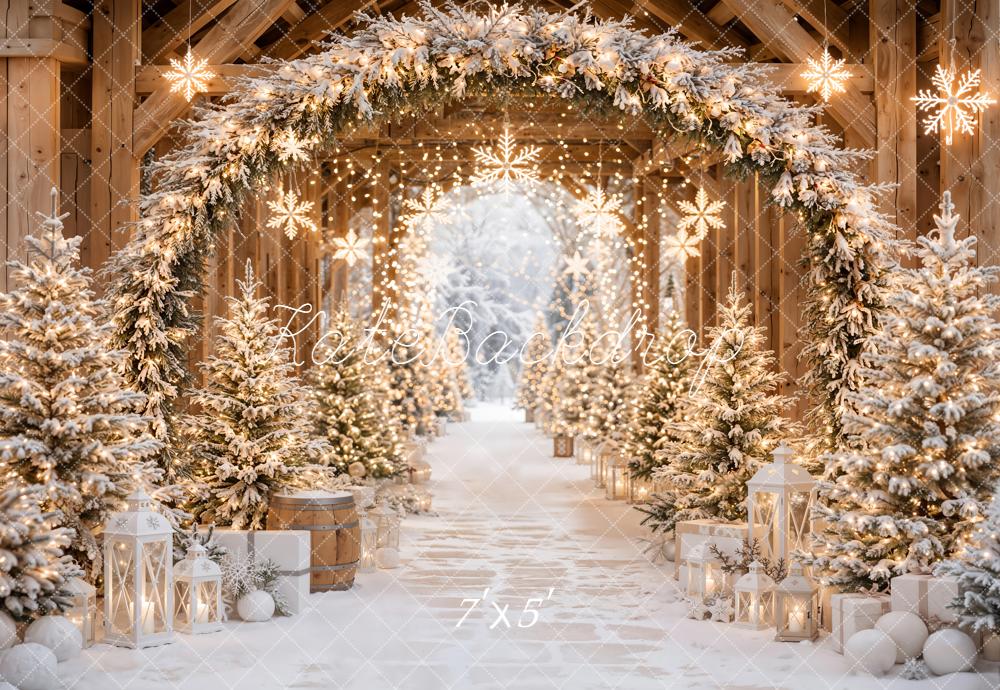 Kate Christmas Snowy Evergreen Lighted Archway Trees Printed Backdrop Designed by Emetselch