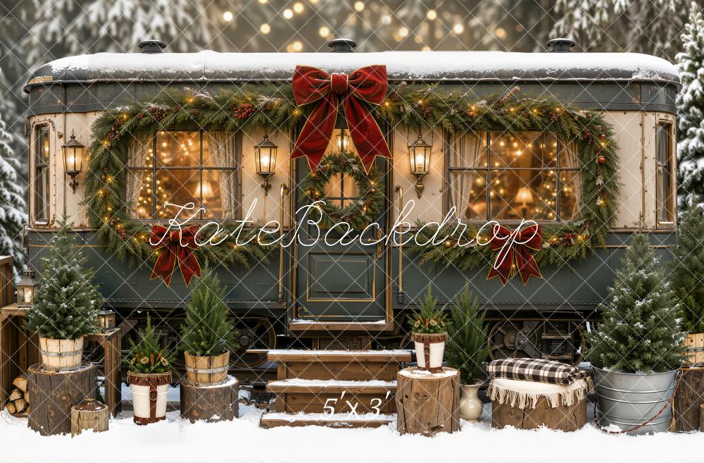 Kate Christmas Snowy Garland Trailer Res Bow Printed Backdrop Designed by Emetselch