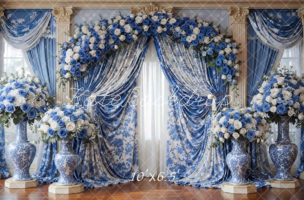 Kate Spring Blue Flower Arch with Floral Drapes and Vases Backdrop Designed by Mini MakeBelieve