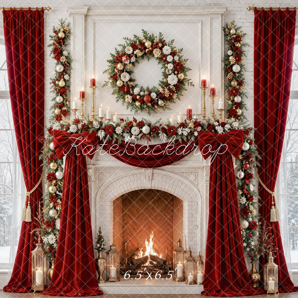 Kate Christmas Red Curtains Fireplace Wreath Garland Printed Backdrop Designed by Emetselch