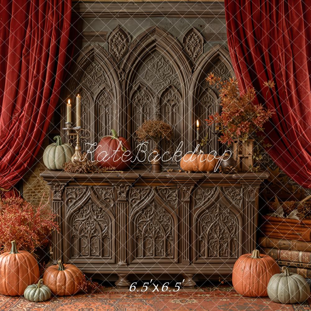 Kate Fall Gothic Cabinet Pumpkins Red Drapes Backdrop Designed by Emetselch