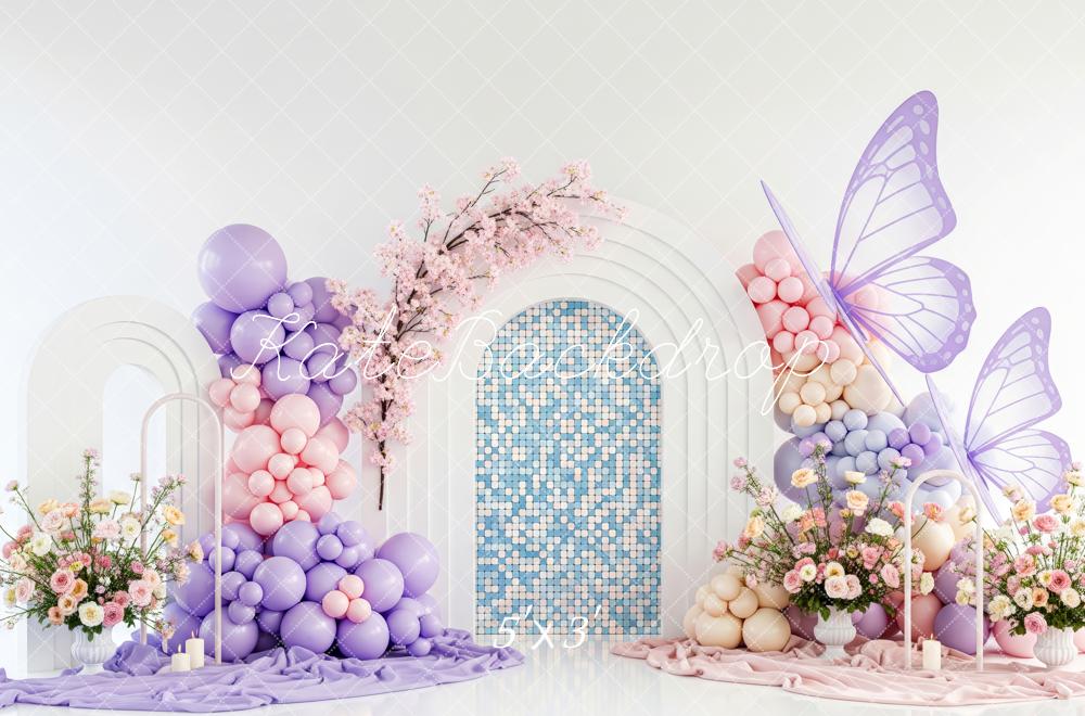 Kate Cake Smash Pastel Balloon Arch Butterfly Mosaic Flowers Printed Backdrop Designed by Patty Roberts