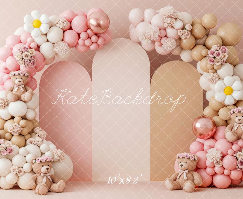 Kate Cake Smash Flower Arch Balloons Teddy Bears Backdrop Designed by Patty Roberts