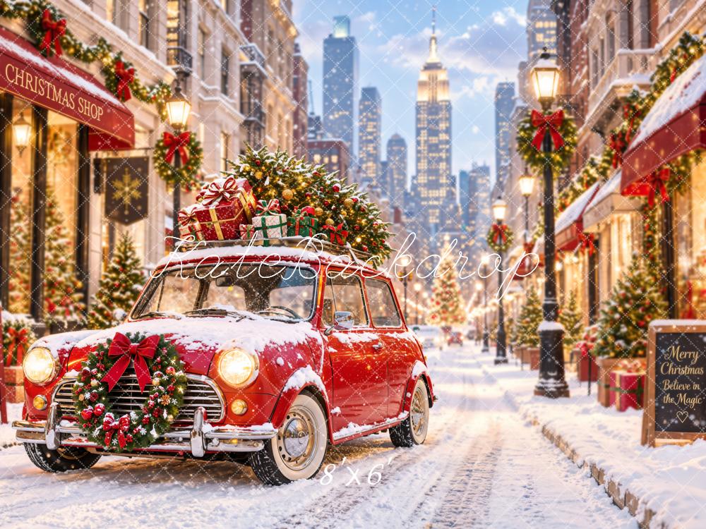 Kate Christmas Snowy City Street Red Car Shop Printed Backdrop Designed by Emetselch