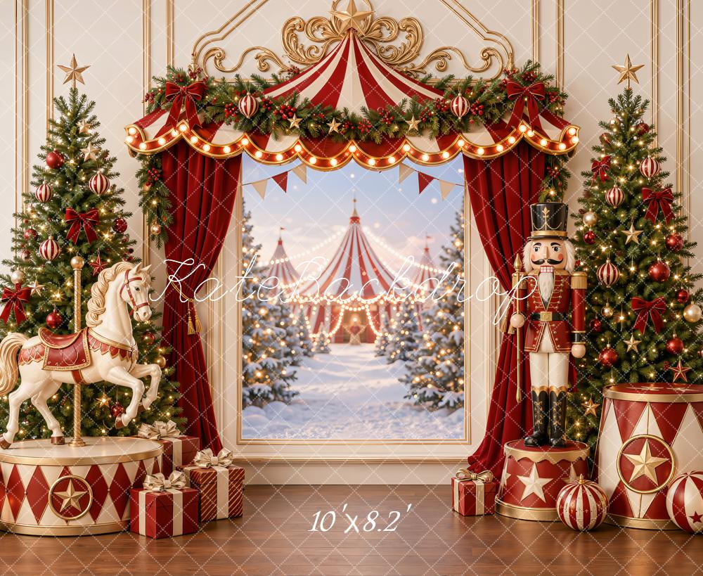 Kate Christmas Circus Carousel Trees Nutcracker Red Curtains Printed Backdrop Designed by Emetselch