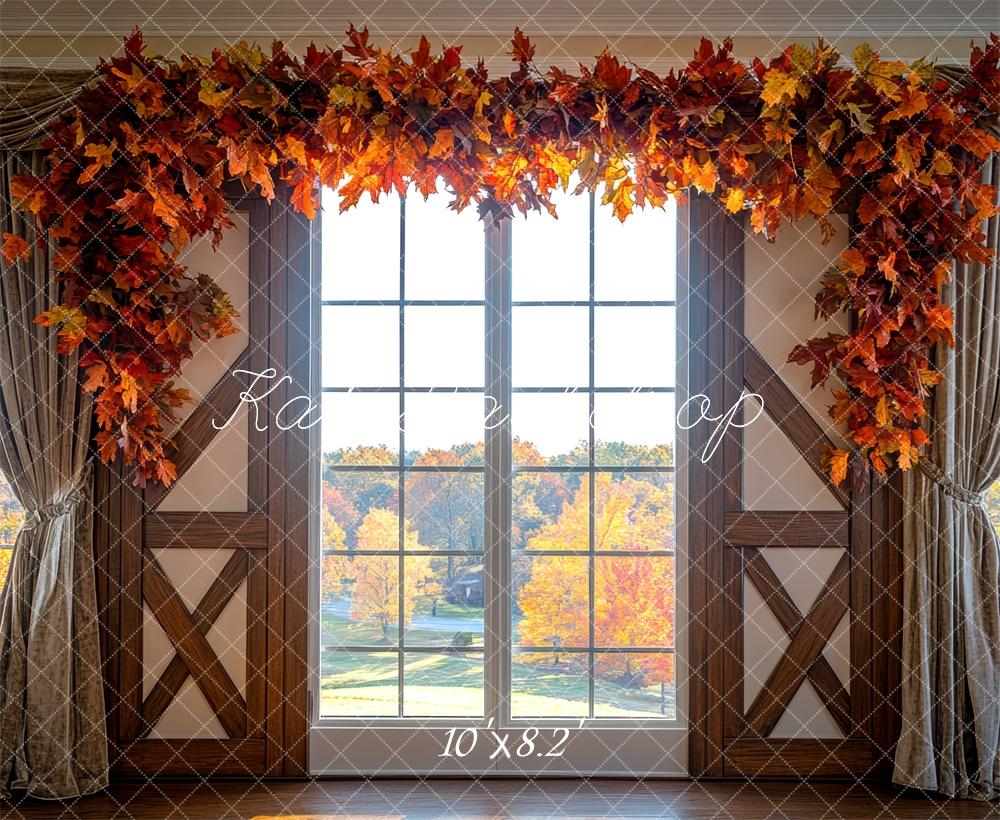 Fall Window Leaf Garland White Barn Door Foto Achtergrond Designed by Mini MakeBelieve