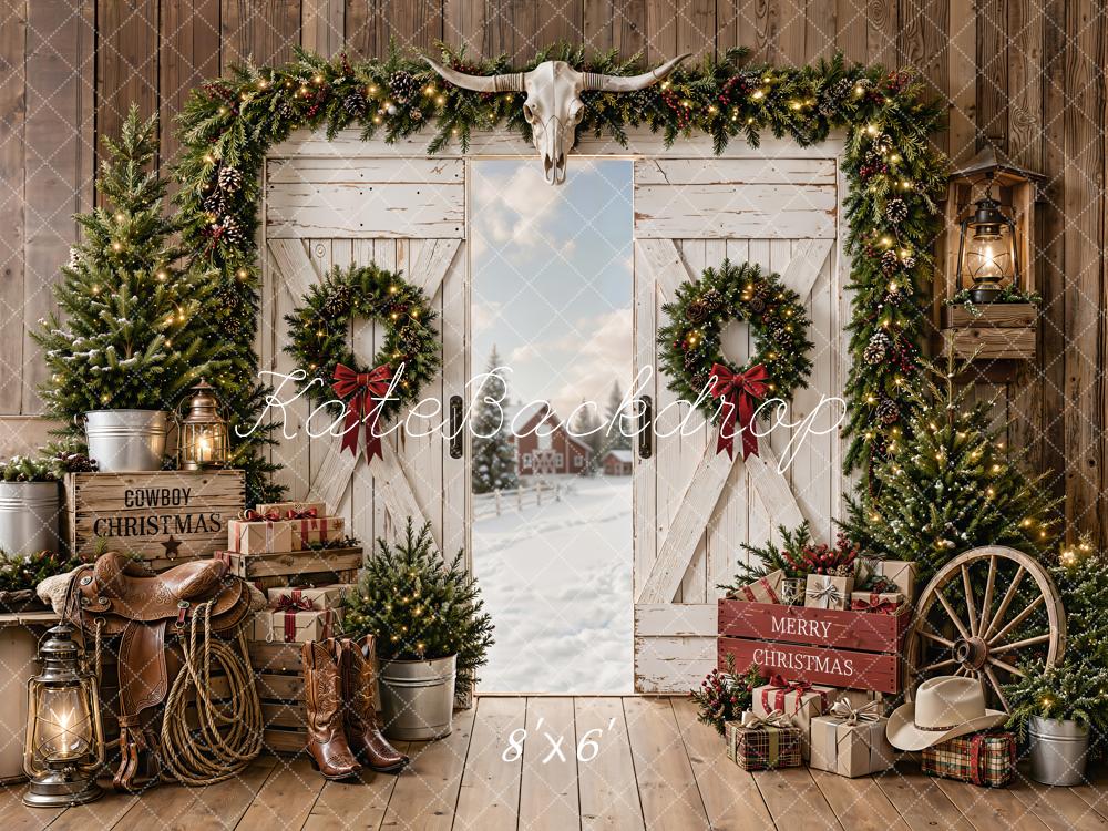 Kate Christmas Cowboy White Barn Door Wreath Garland Snow Printed Backdrop Designed by Emetselch