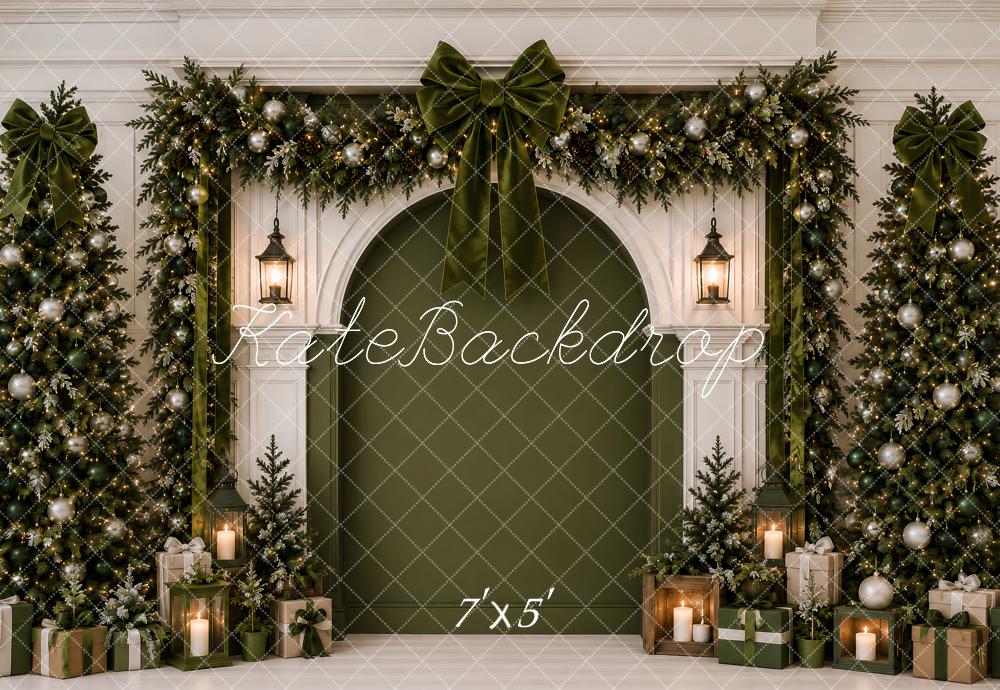 Kate Christmas Green Garland Arched Wall Bows Tree Printed Backdrop Designed by Ashley Paul