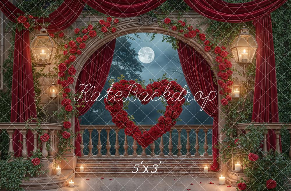 Kate Valentine's Day Red Roses Heart Arch Balcony Moonlight Backdrop Designed by Emetselch
