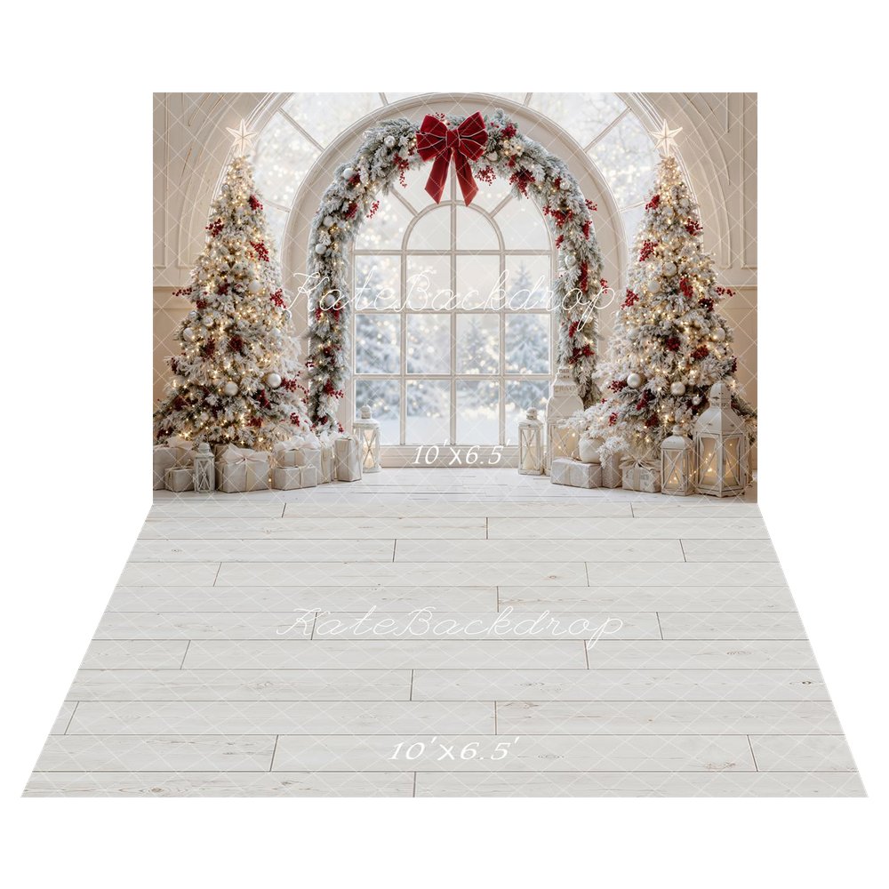 Kate Christmas Trees Arched Window Red Bow Garland Snowy Printed Backdrop+White Wood Plank Floor Printed Backdrop