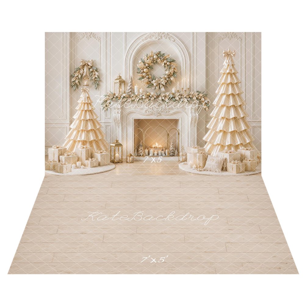 Kate Christmas Fireplace Gold SatinTrees Printed Backdrop+Beige Wood Plank Floor Printed Backdrop