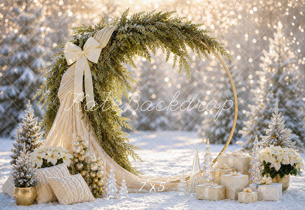 Kate Christmas Circle Arch Snowy Greenery Bow Snowy Printed Backdrop Designed by Mini MakeBelieve