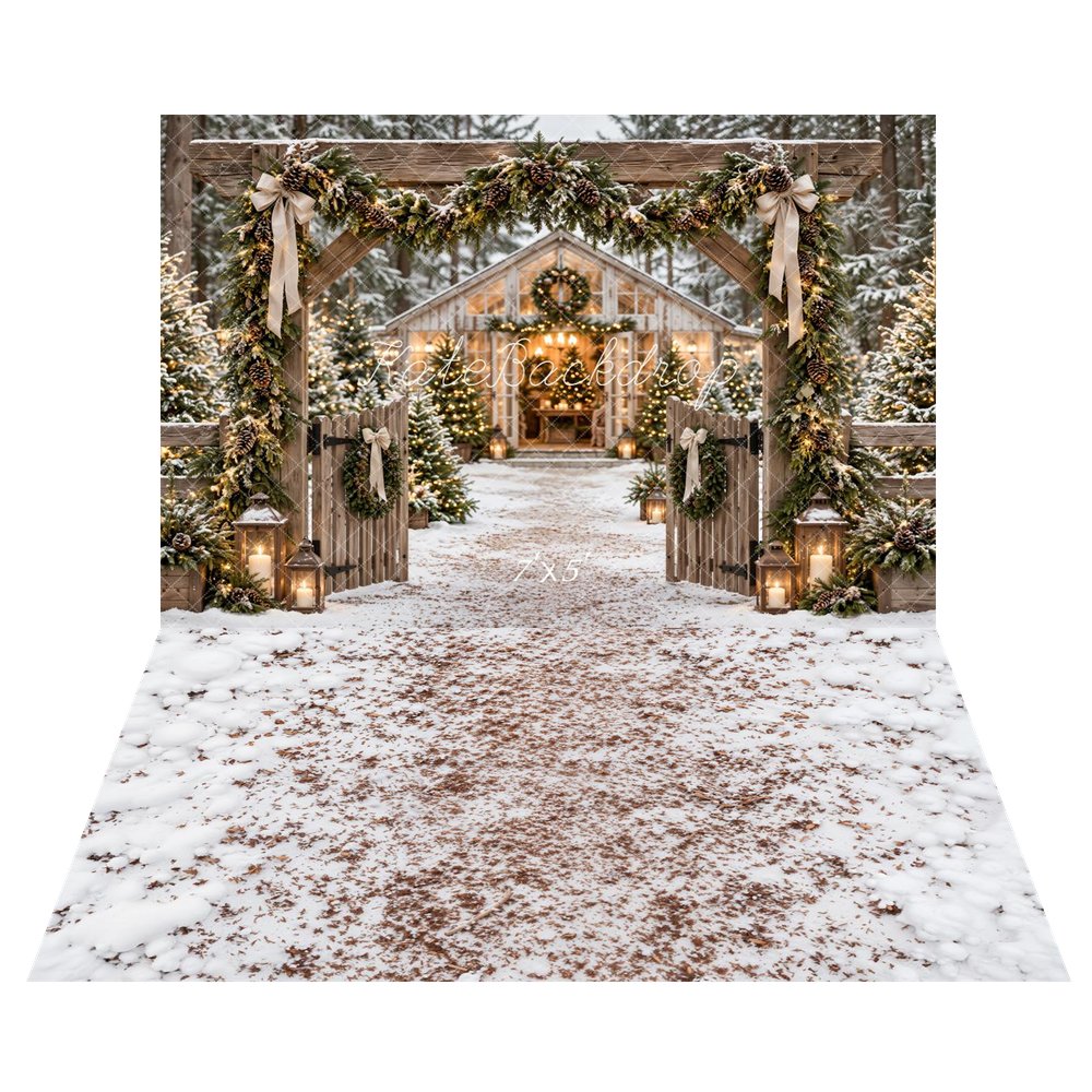 Kate Christmas Snowy Cabin Garland Gate Printed Backdrop+Winter White Snowy Floor Printed Backdrop