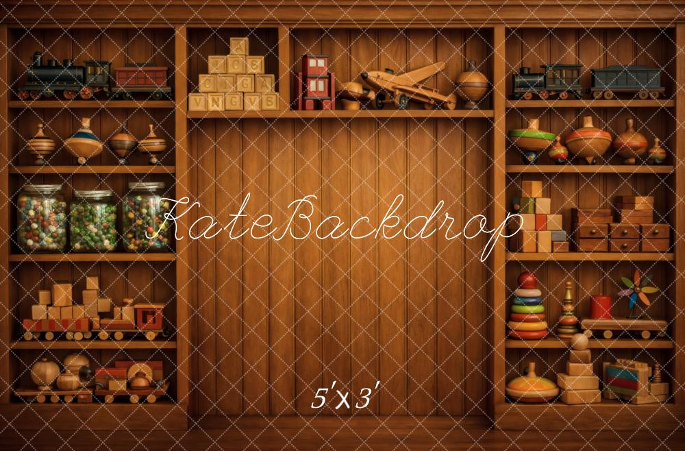 Kate Vintage Wooden Cabinet with Classic Toys Printed Backdrop Designed by Vertigo Productions