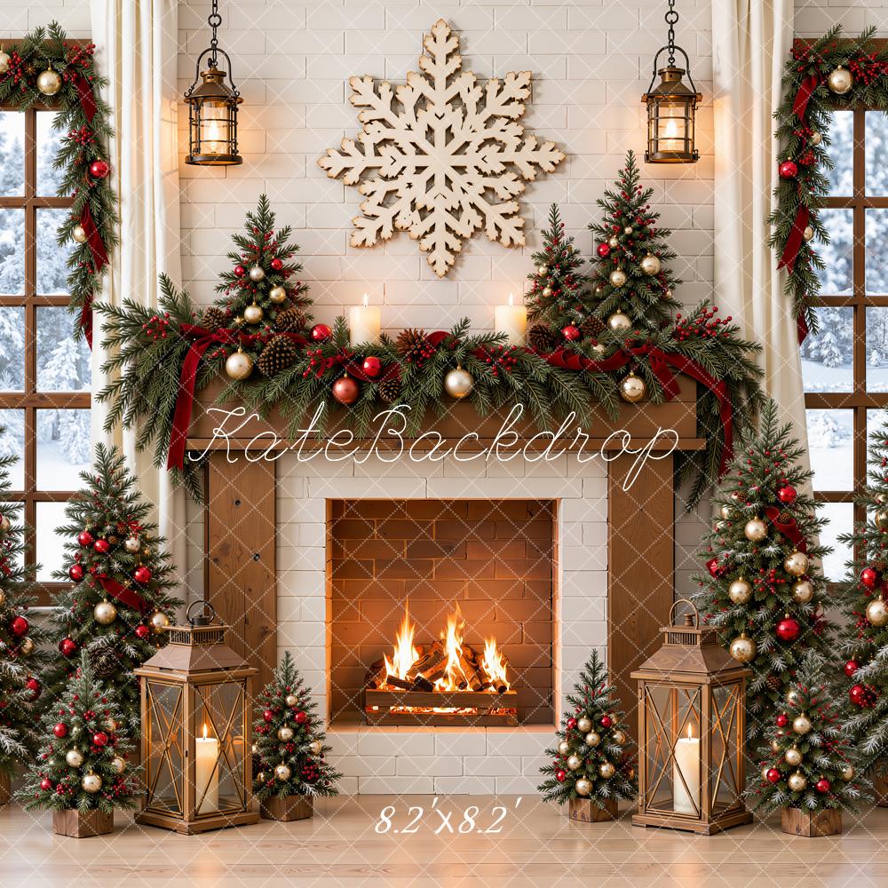 Kate Christmas Fireplace Christmas Trees Red Ribbon Garland Snowflake Printed Backdrop Designed by Emetselch