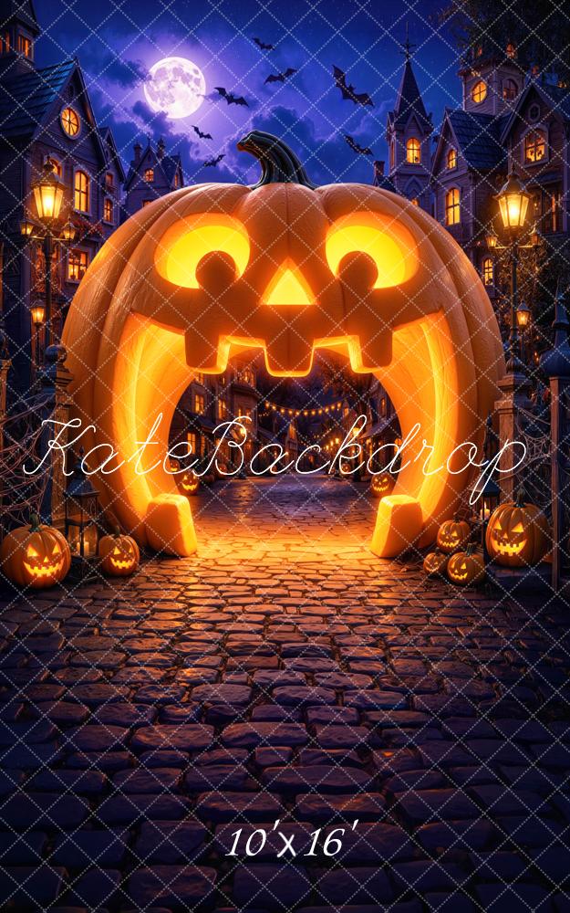 Kate Halloween Trunk or Treat Pumpkin Arch Haunted Village Cobblestone Printed Backdrop Designed by Mini MakeBelieve