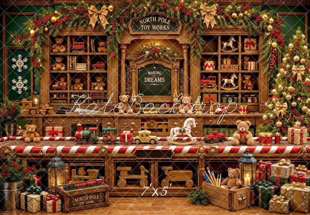 Kate Christmas North Pole Toy Workshop Wooden Shelves Printed Backdrop Designed by Mini MakeBelieve