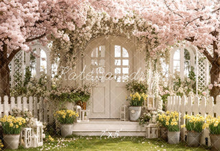 Kate Spring Flower Arch Pink Cherry Blossom Garden Door Printed Backdrop Designed by Emetselch